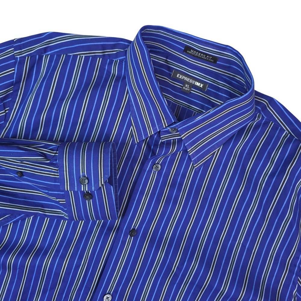 Express 1MX Button Up Shirt Mens XL Blue Striped Modern Fit Stretch Long Sleeve
